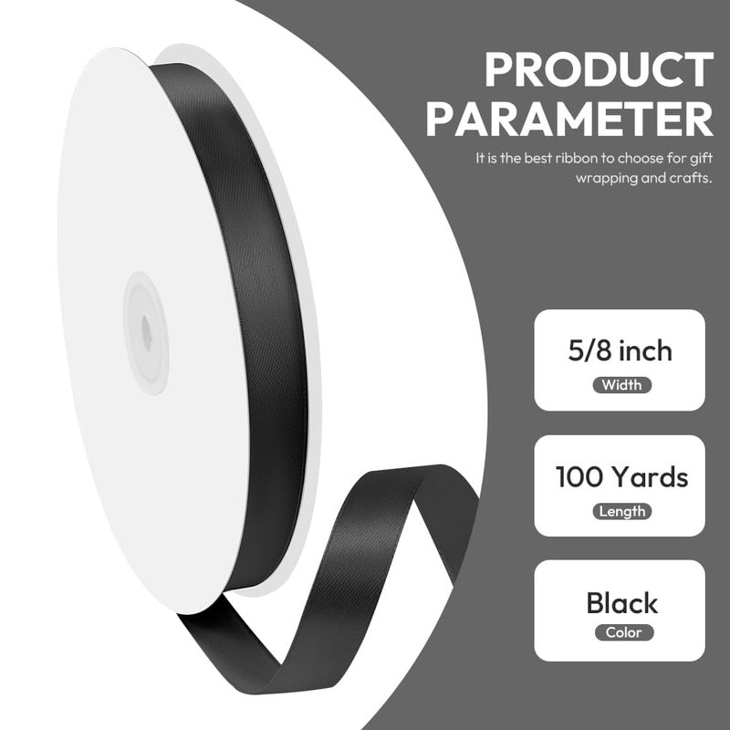 Quhora 5/8"" x 100 Yards Satin Ribbon - Black Silk Ribbon with Spool - Ideal for Gift Wrapping  Floral Bouquets  Crafts  Wedding Party Decorations  Christmas and Sewing Projects - Image 2